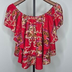 Festival Red Baroque Scarf‎ Print Off Shoulder Tiered Ruffle Blouse Top L NEW